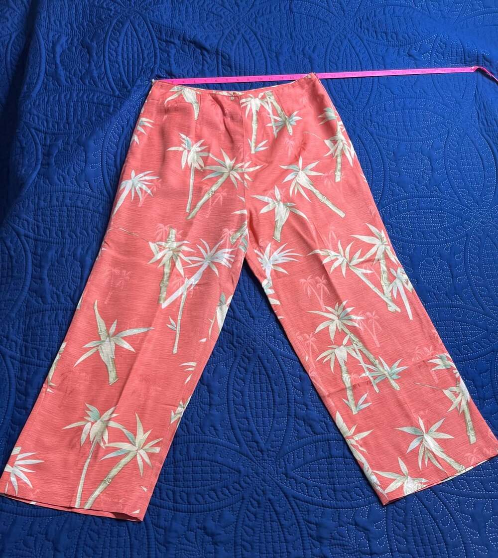 Tiki Classics Silk Pants Women’s Coral Palm Tree Print Tropical Resortwear